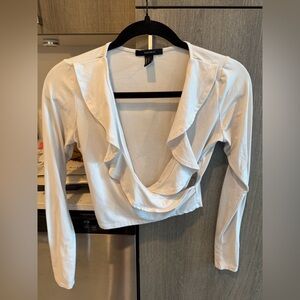Forever 21 White Ruffle V-Neck Long-Sleeve Crop Top